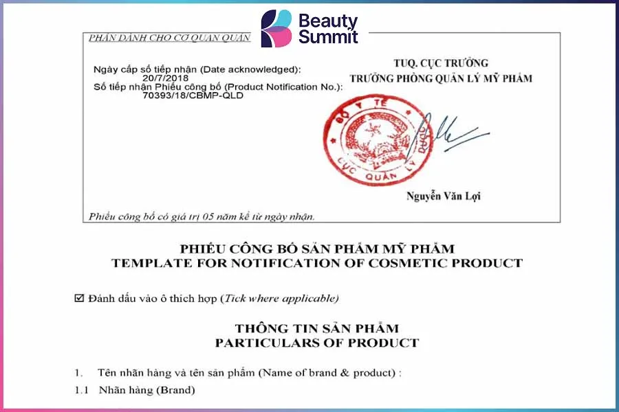 Phiếu c&ocirc;ng bố mỹ phẩm