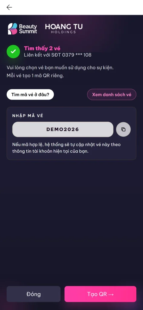 Nhập mã vé (Nếu không hiện danh sách vé)