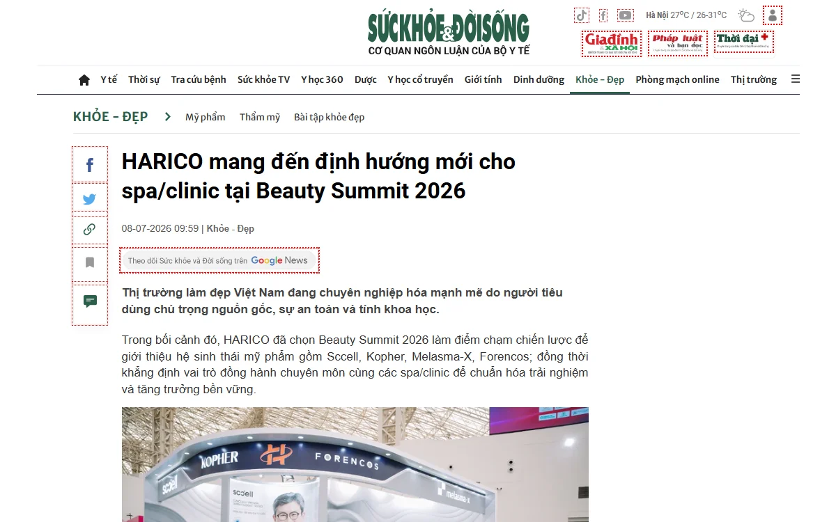 Bài viết trên báo Sức Khỏe & Đời Sống về HARICO tại Beauty Summit 2026