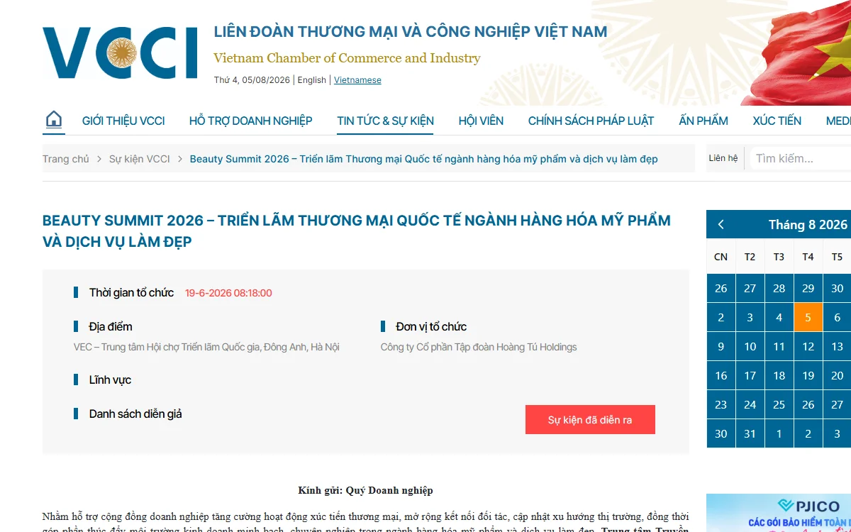 Bài viết trên cổng thông tin VCCI về Beauty Summit 2026